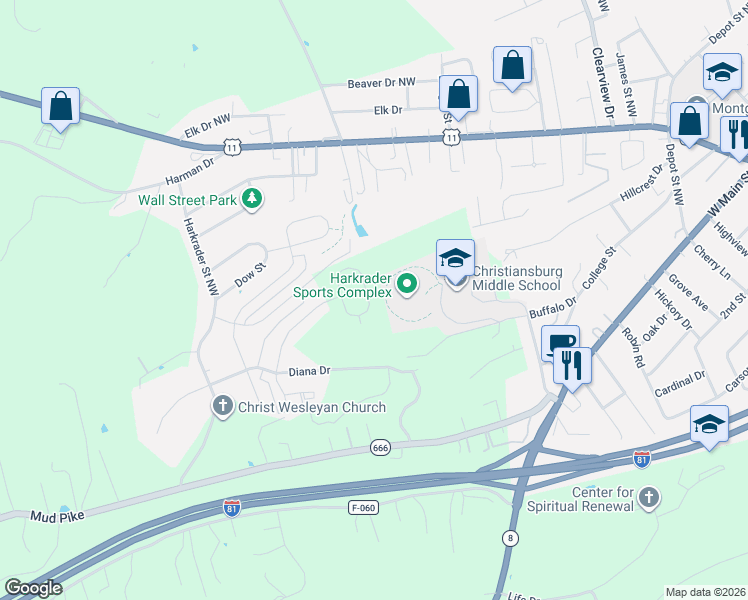 map of restaurants, bars, coffee shops, grocery stores, and more near 1209 Buffalo Drive in Christiansburg