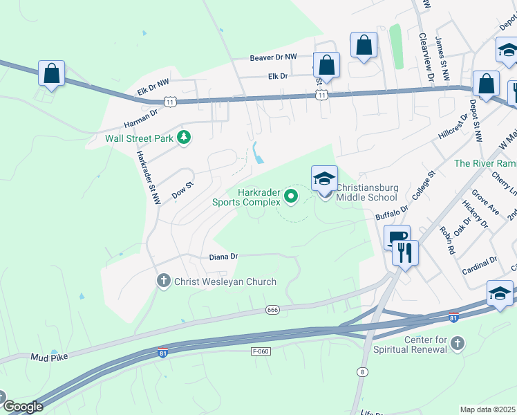 map of restaurants, bars, coffee shops, grocery stores, and more near 225 Aldwych Avenue in Christiansburg