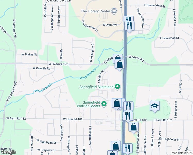 map of restaurants, bars, coffee shops, grocery stores, and more near 5120 South Main Avenue in Springfield