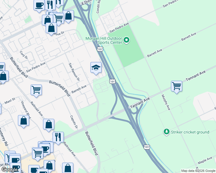 map of restaurants, bars, coffee shops, grocery stores, and more near South Valley Frwy in Morgan Hill
