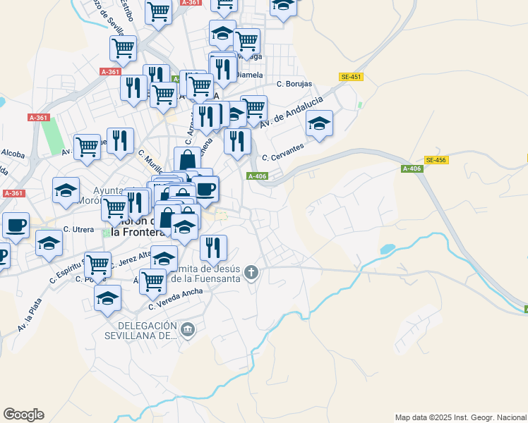 map of restaurants, bars, coffee shops, grocery stores, and more near 18 Calle Hundidero in Morón de la Frontera