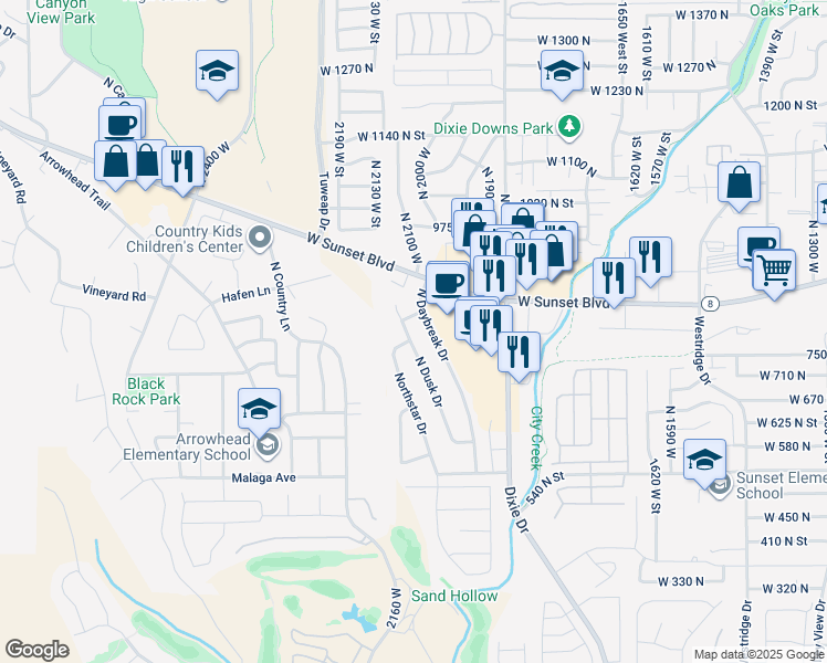 map of restaurants, bars, coffee shops, grocery stores, and more near 784 North Dusk Drive in St. George