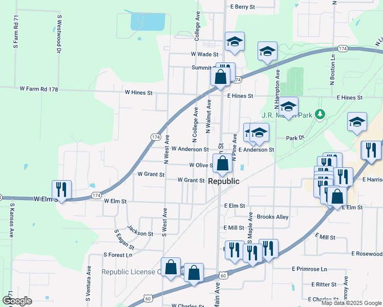 map of restaurants, bars, coffee shops, grocery stores, and more near 325 N College Ave in Republic