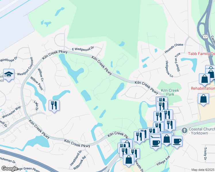 map of restaurants, bars, coffee shops, grocery stores, and more near 206 Clayton Drive in Yorktown