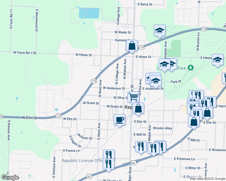map of restaurants, bars, coffee shops, grocery stores, and more near 325 North College Avenue in Republic