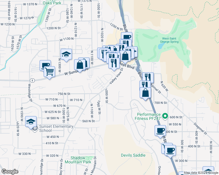 map of restaurants, bars, coffee shops, grocery stores, and more near 3474 Robbin Ct in St George