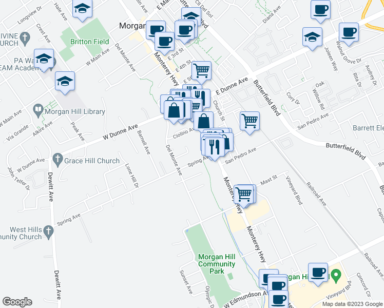 map of restaurants, bars, coffee shops, grocery stores, and more near 130 Manor Court in Morgan Hill