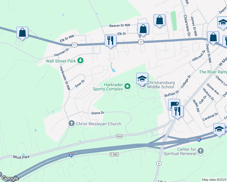map of restaurants, bars, coffee shops, grocery stores, and more near 225 Aldwych Avenue in Christiansburg