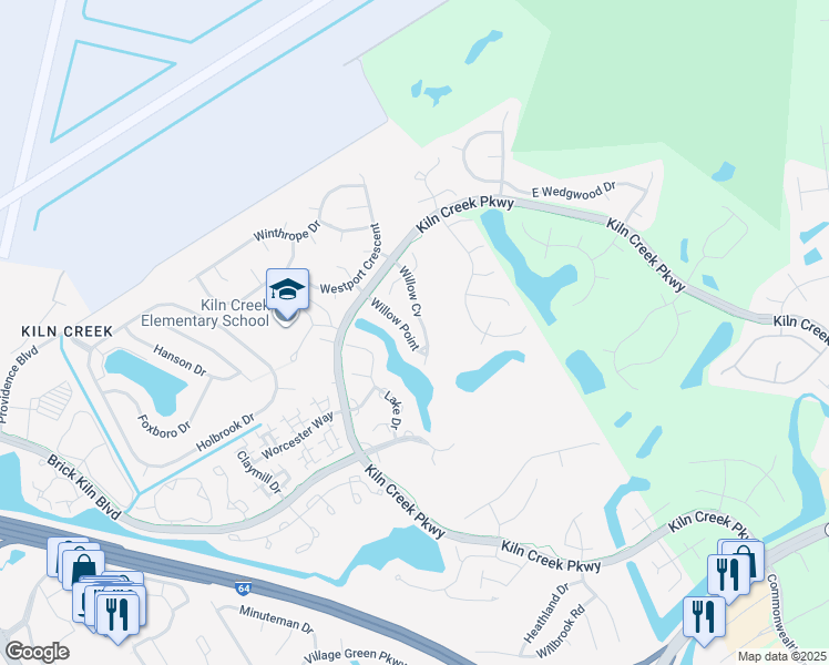 map of restaurants, bars, coffee shops, grocery stores, and more near 938 Willow Point in Newport News
