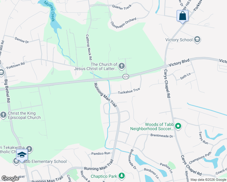 map of restaurants, bars, coffee shops, grocery stores, and more near 134 Tuckahoe Trce in Yorktown