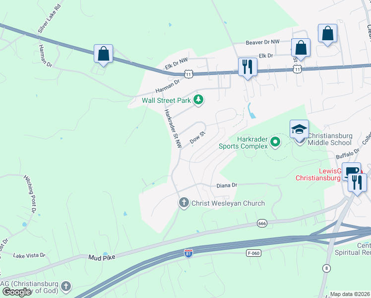 map of restaurants, bars, coffee shops, grocery stores, and more near 301-399 Harkrader Street Northwest in Christiansburg