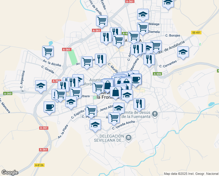 map of restaurants, bars, coffee shops, grocery stores, and more near 13 Calle San Sebastián in Morón de la Frontera