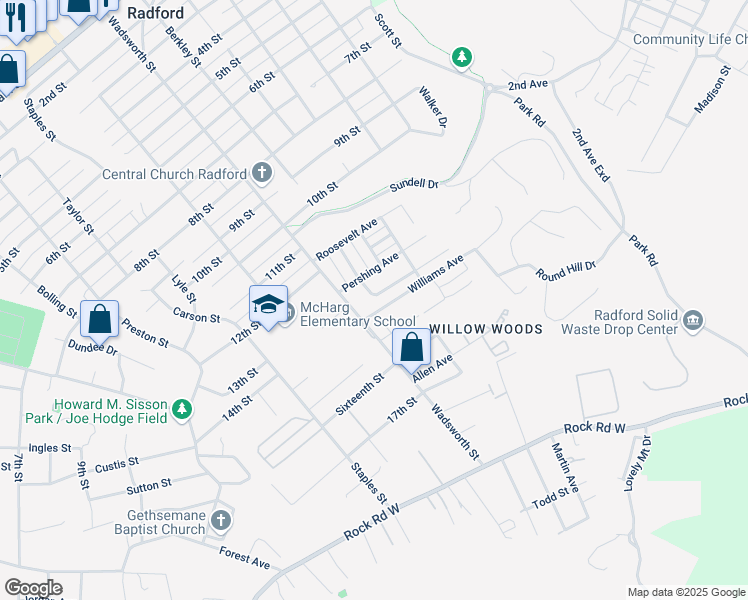 map of restaurants, bars, coffee shops, grocery stores, and more near 201-359 Williams Avenue in Radford