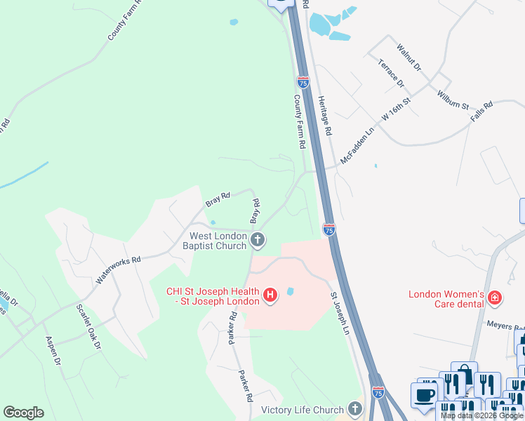 map of restaurants, bars, coffee shops, grocery stores, and more near 222 Parker Road in London