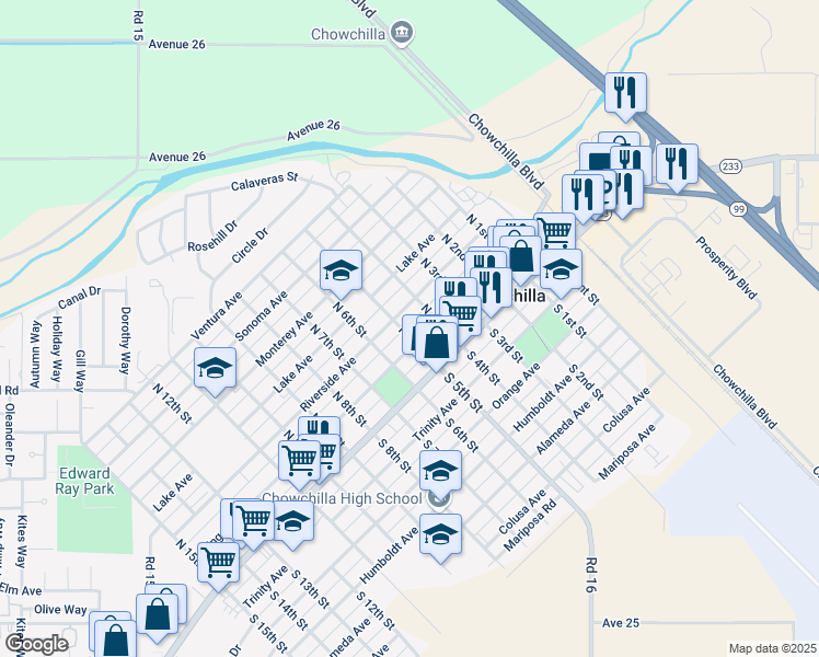 map of restaurants, bars, coffee shops, grocery stores, and more near 210 North 5th Street in Chowchilla