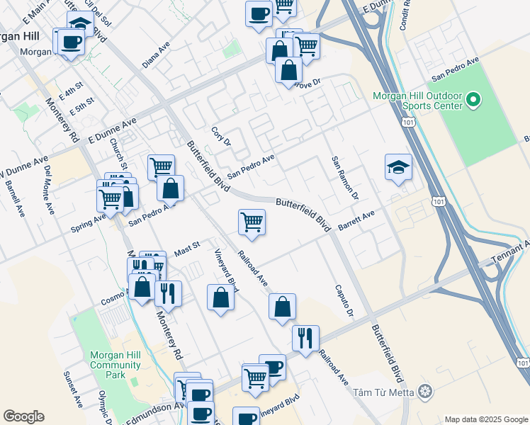 map of restaurants, bars, coffee shops, grocery stores, and more near 16515 Butterfield Boulevard in Morgan Hill