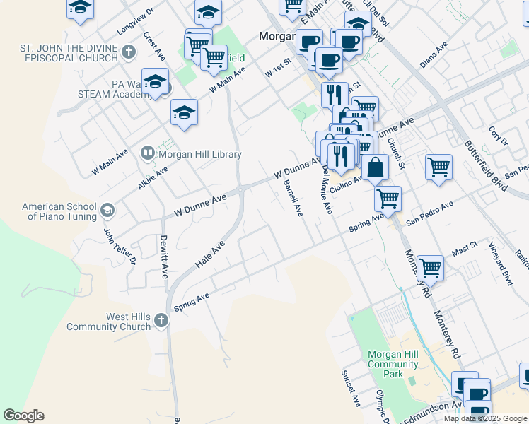 map of restaurants, bars, coffee shops, grocery stores, and more near 16730 Lone Hill Drive in Morgan Hill