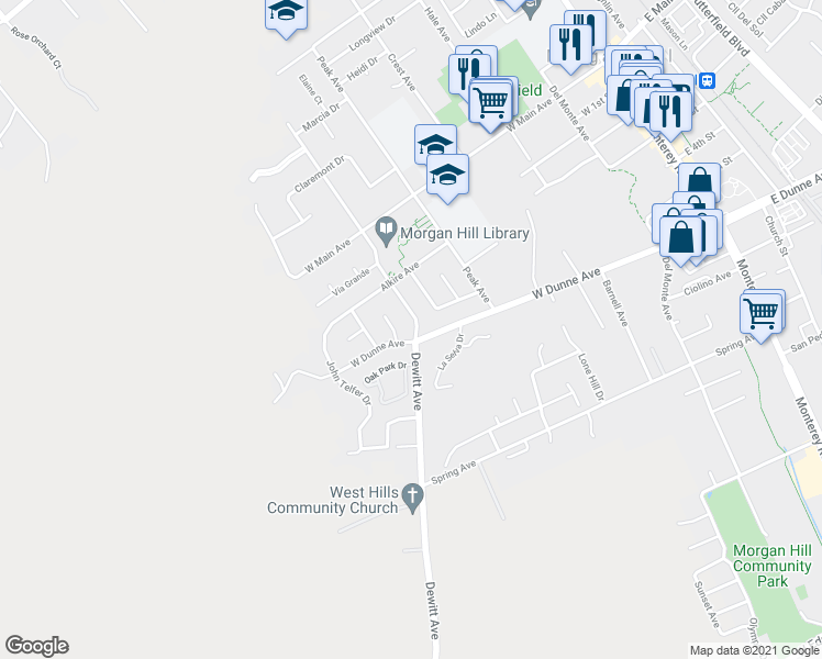 map of restaurants, bars, coffee shops, grocery stores, and more near 17015 Dewitt Avenue in Morgan Hill