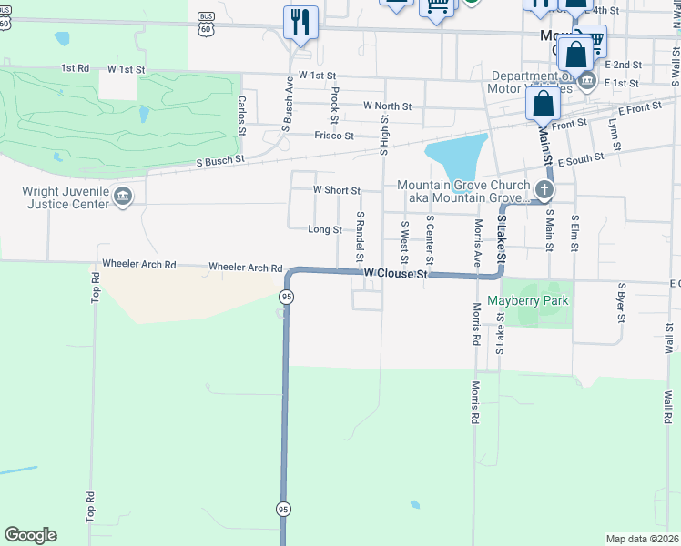 map of restaurants, bars, coffee shops, grocery stores, and more near 908 West Clouse Street in Mountain Grove
