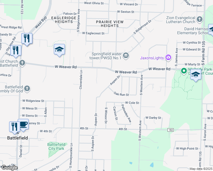 map of restaurants, bars, coffee shops, grocery stores, and more near 5115 South Aspen Drive in Battlefield