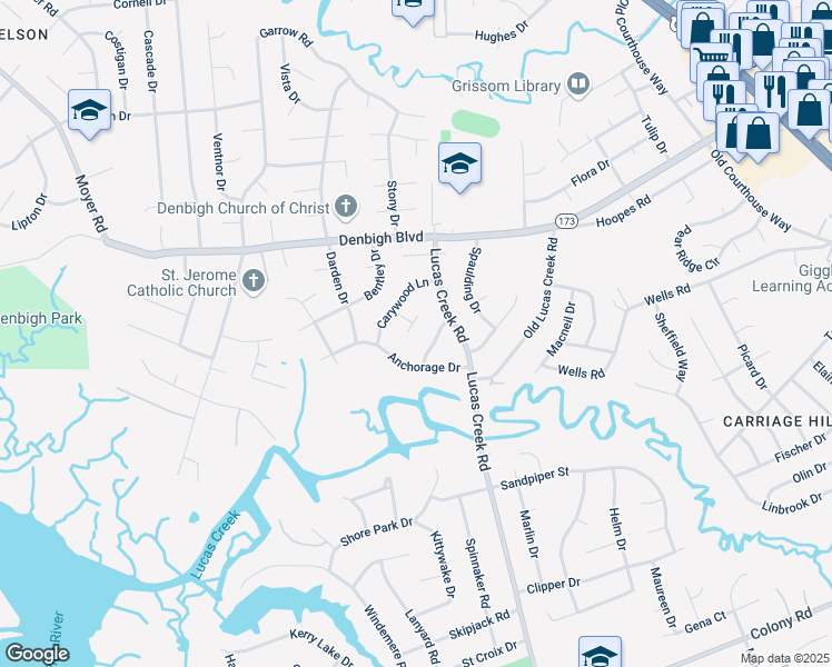 map of restaurants, bars, coffee shops, grocery stores, and more near 612 Ashford Place in Newport News