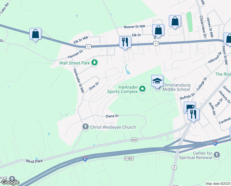 map of restaurants, bars, coffee shops, grocery stores, and more near 225 Aldwych Avenue in Christiansburg