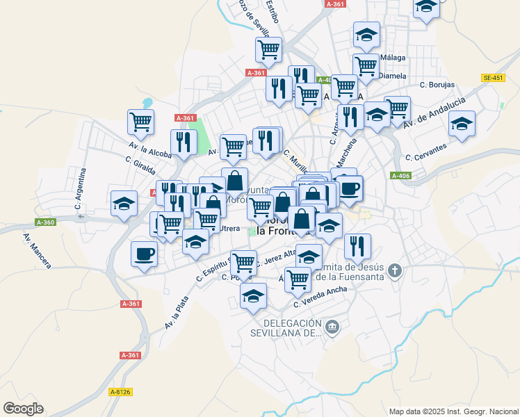 map of restaurants, bars, coffee shops, grocery stores, and more near 45 Calle Victoria in Morón de la Frontera