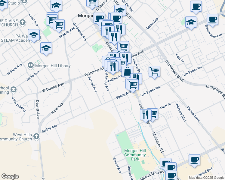 map of restaurants, bars, coffee shops, grocery stores, and more near 16810 Del Monte Avenue in Morgan Hill