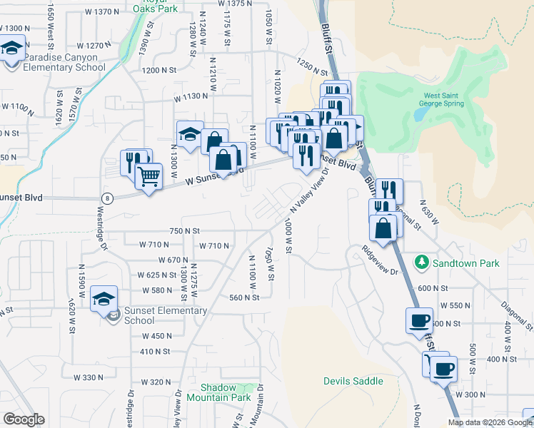 map of restaurants, bars, coffee shops, grocery stores, and more near 781 North Valley View Drive in St. George