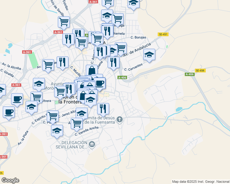 map of restaurants, bars, coffee shops, grocery stores, and more near 14 Calle Osuna in Morón de la Frontera