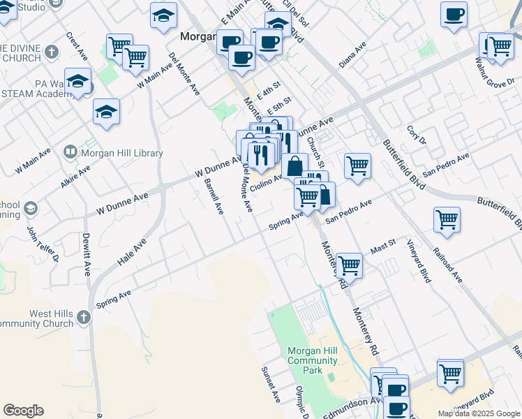 map of restaurants, bars, coffee shops, grocery stores, and more near 16810 Del Monte Avenue in Morgan Hill