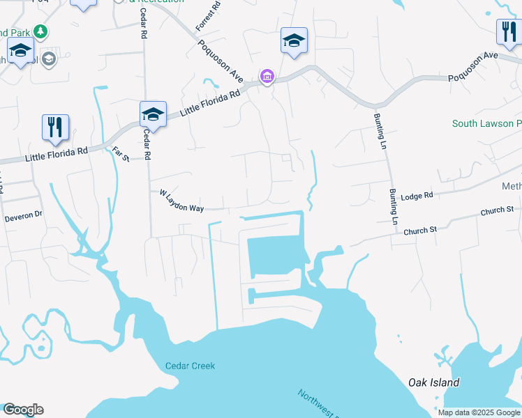map of restaurants, bars, coffee shops, grocery stores, and more near 117 Laydon Way in Poquoson