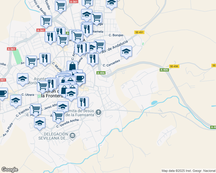 map of restaurants, bars, coffee shops, grocery stores, and more near 18 Calle Hundidero in Morón de la Frontera
