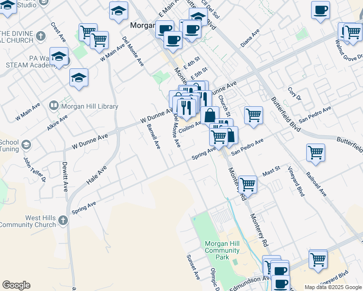 map of restaurants, bars, coffee shops, grocery stores, and more near 16810 Del Monte Avenue in Morgan Hill