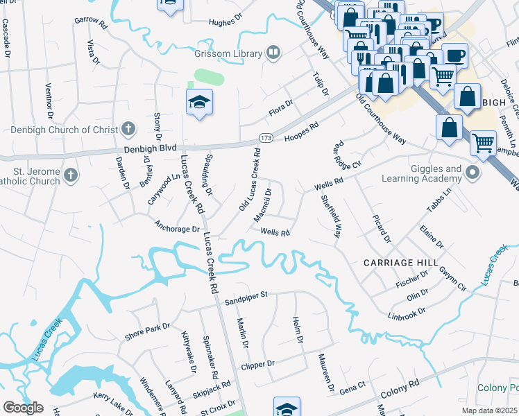 map of restaurants, bars, coffee shops, grocery stores, and more near 713 Macneil Drive in Newport News