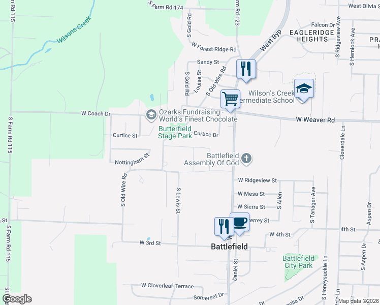 map of restaurants, bars, coffee shops, grocery stores, and more near 5129 South Ivey Lane in Battlefield