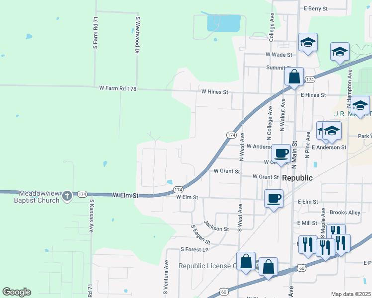 map of restaurants, bars, coffee shops, grocery stores, and more near 236 North Cedar Avenue in Republic