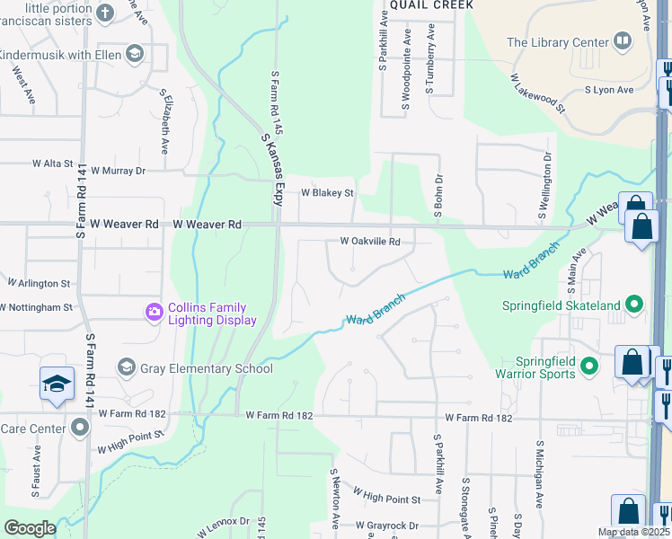 map of restaurants, bars, coffee shops, grocery stores, and more near 1345 W Stone Meadow Way in Springfield