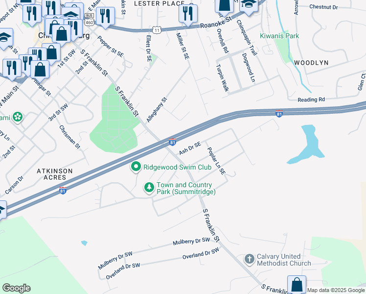 map of restaurants, bars, coffee shops, grocery stores, and more near 120 Ash Drive Southeast in Christiansburg
