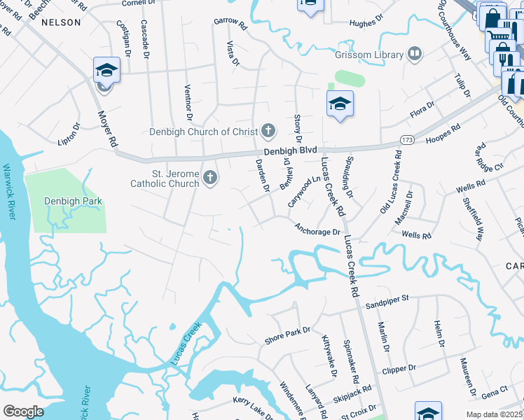 map of restaurants, bars, coffee shops, grocery stores, and more near 772 Childress Drive in Newport News