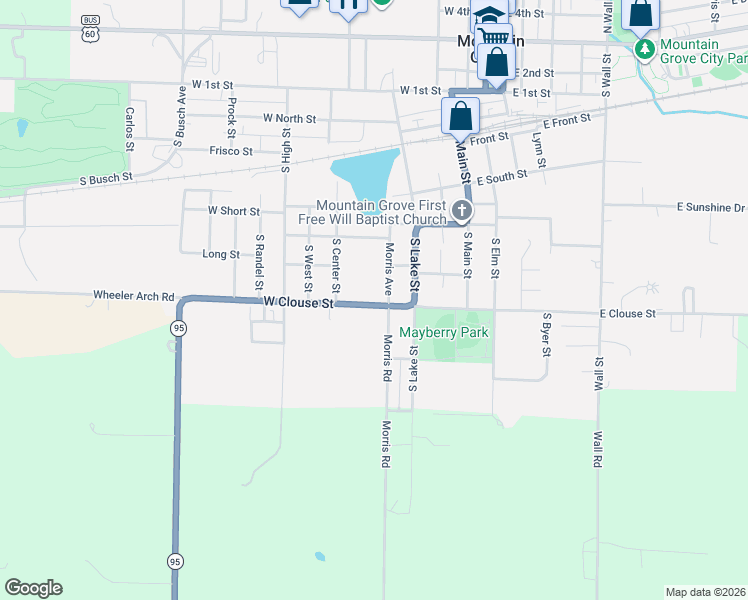 map of restaurants, bars, coffee shops, grocery stores, and more near 501-599 Morris Ave in Mountain Grove