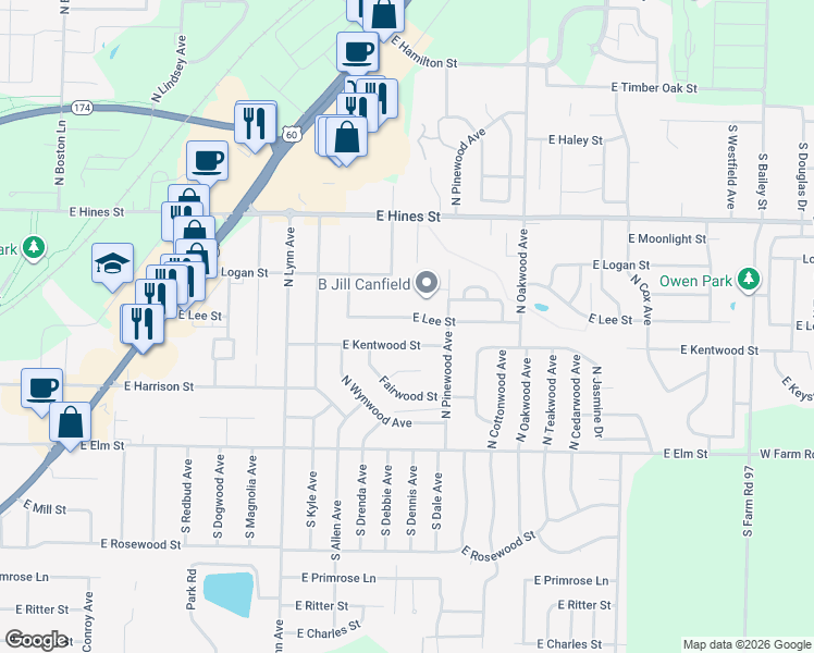 map of restaurants, bars, coffee shops, grocery stores, and more near 1526 East Lee Street in Republic