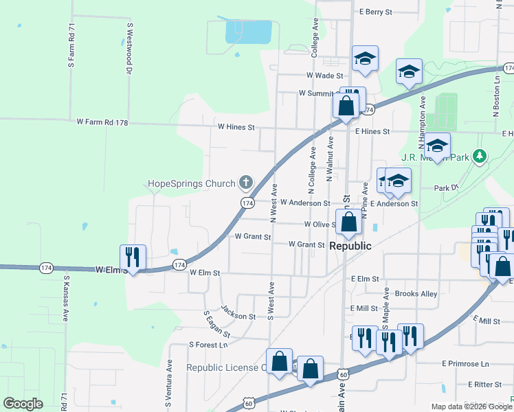 map of restaurants, bars, coffee shops, grocery stores, and more near 402 West Anderson Street in Republic