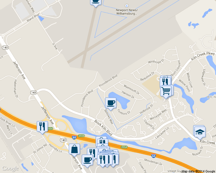 map of restaurants, bars, coffee shops, grocery stores, and more near 980 Holbrook Drive in Newport News