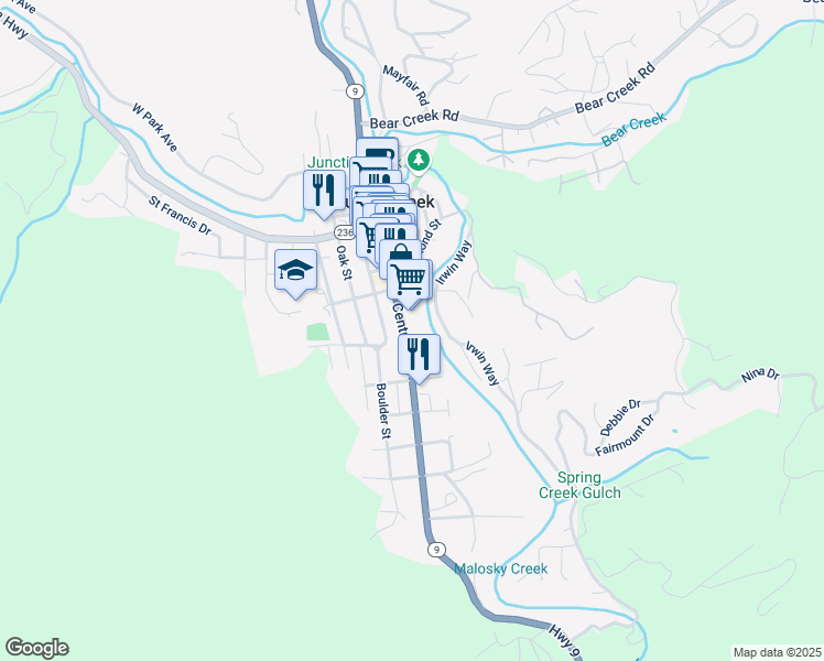 map of restaurants, bars, coffee shops, grocery stores, and more near 12970 California 9 in Boulder Creek