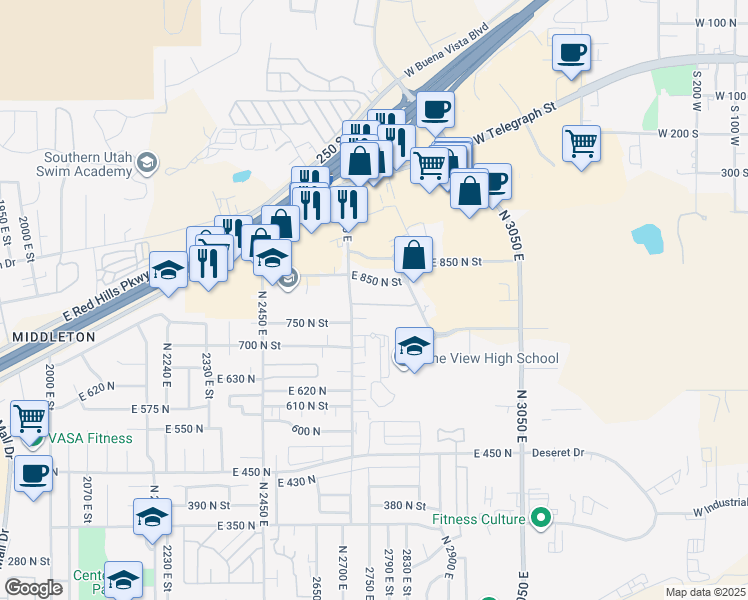 map of restaurants, bars, coffee shops, grocery stores, and more near 790 North 2720 East in St. George