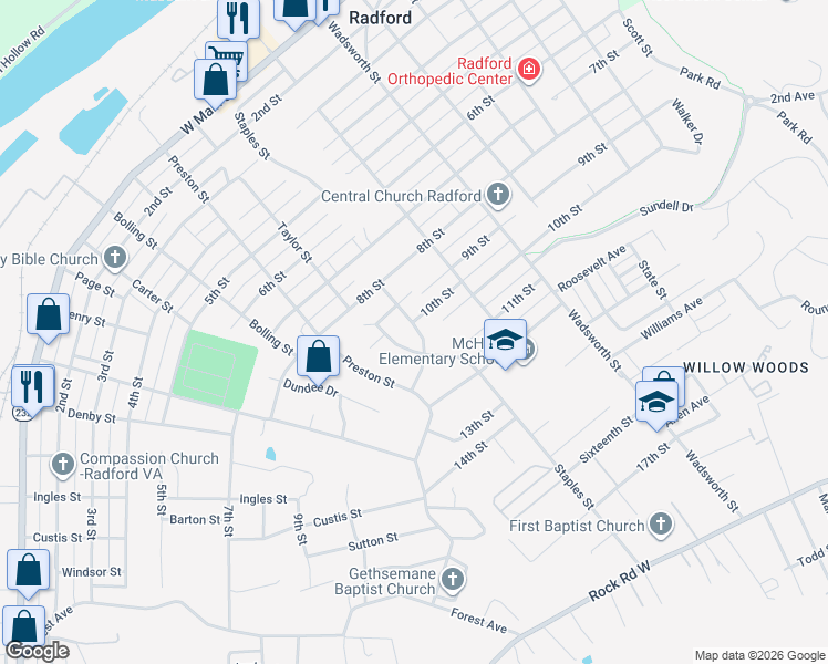 map of restaurants, bars, coffee shops, grocery stores, and more near 1012 Lyle Street in Radford