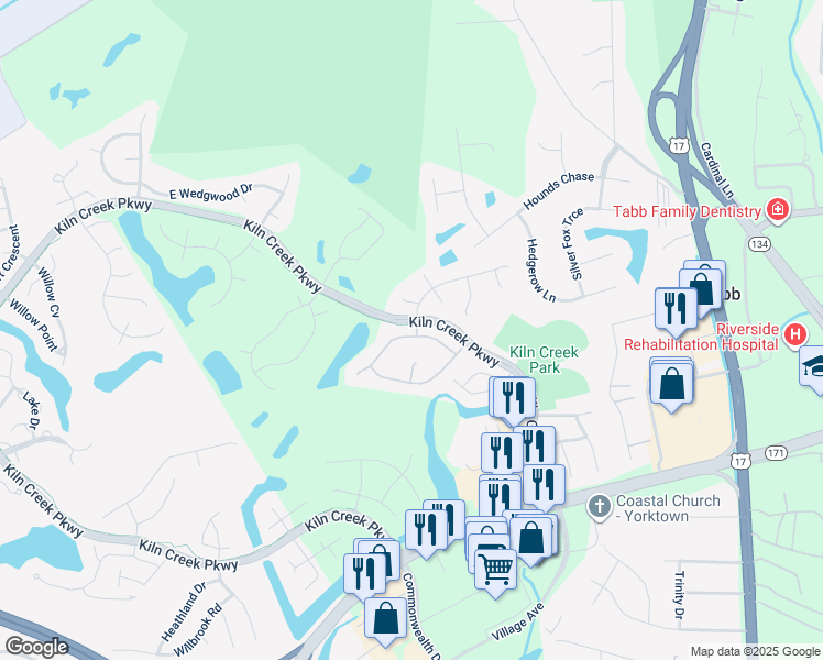 map of restaurants, bars, coffee shops, grocery stores, and more near 114 Crosspointe Court in Yorktown
