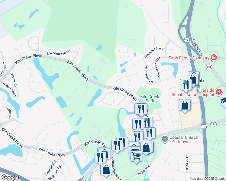 map of restaurants, bars, coffee shops, grocery stores, and more near 114 Crosspointe Court in Yorktown