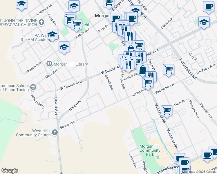 map of restaurants, bars, coffee shops, grocery stores, and more near 16865 Barnell Avenue in Morgan Hill